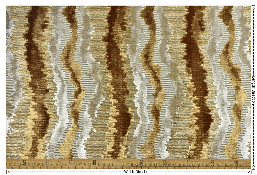 Heav Weight Gold Beige Cut Velvet Uphosletry Fabric|Abstract Wavy Stripe Upholstery|Luxury Interior Design Fabric For Chair Sofa Pillow