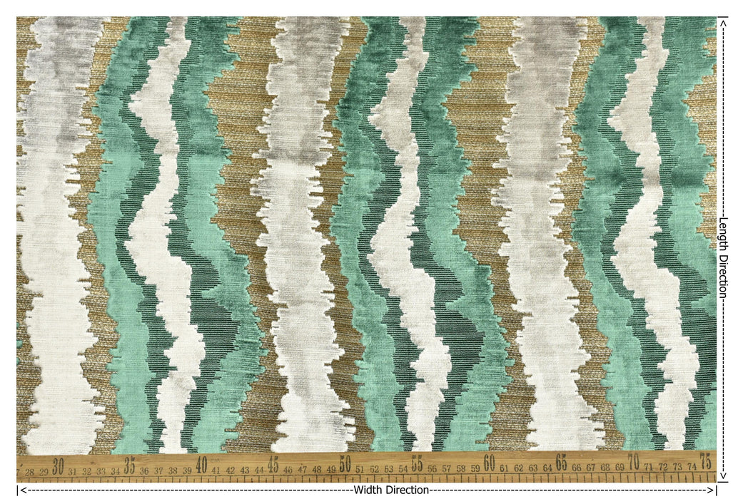 Heav Weight Turquoise Gold Cut Velvet Uphosletry Fabric|Abstract Wavy Stripe Upholstery|Luxury Interior Design Fabric For Chair Sofa Pillow