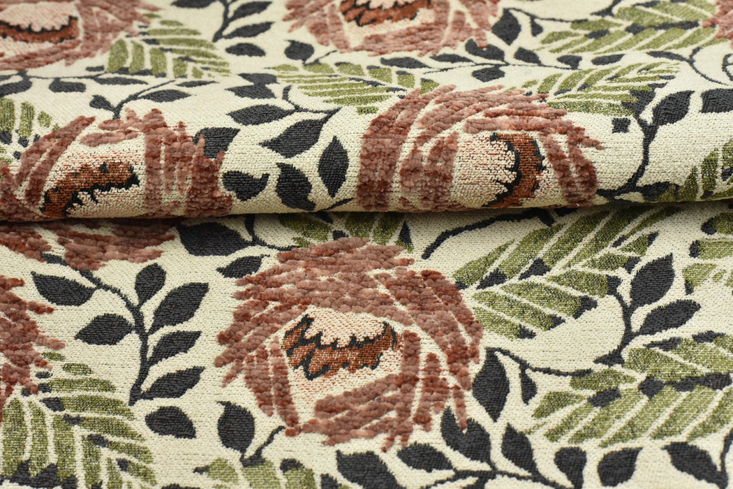 Heavy Weight Rust Pink Green Chenille Jacquard Rose Floral Upholstery Fabric For Chair|Vintage Rustic Botanical Sofa Fabric For Furniture