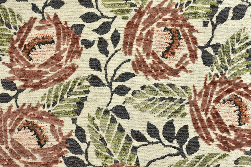 Heavy Weight Rust Pink Green Chenille Jacquard Rose Floral Upholstery Fabric For Chair|Vintage Rustic Botanical Sofa Fabric For Furniture