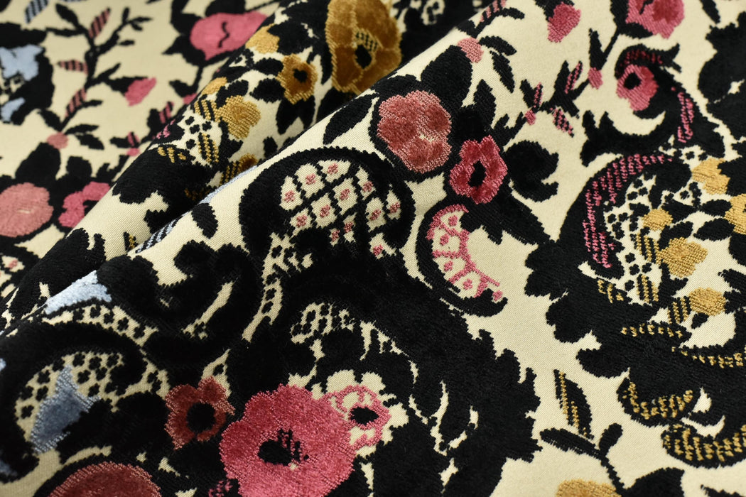 Heavy Weight Black Pink Gold Blue Floral Basket Raised Cut Velvet Upholstery Fabric For Chair|High End Colorful Velvet Fabric For Furniture