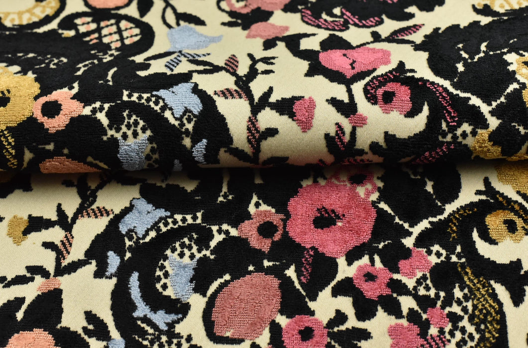 Heavy Weight Black Pink Gold Blue Floral Basket Raised Cut Velvet Upholstery Fabric For Chair|High End Colorful Velvet Fabric For Furniture