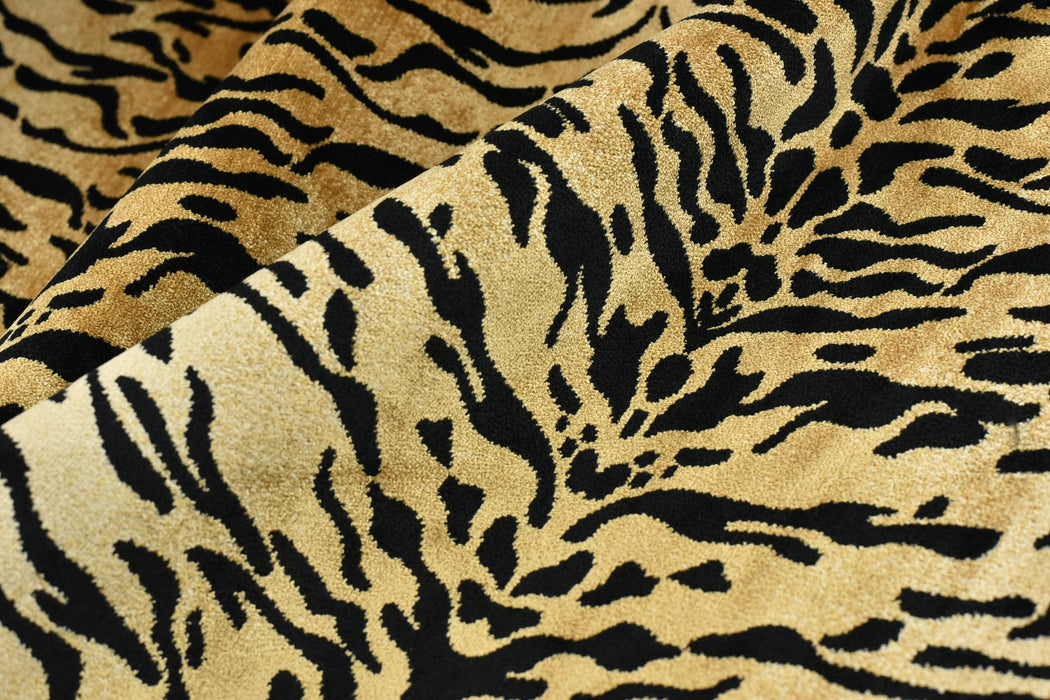 Heavy Weight Luxury Black Gold Tiger Stripe Animal Print Cut Velvet Upholstery Fabric For Chair Couch|Abstract Geometric Wild Animal Fabric