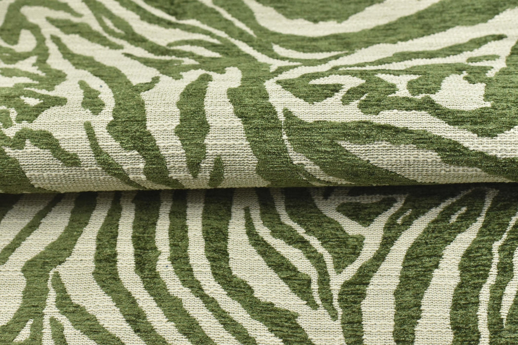 Designer Heavy Weight Green Cream Chenille Zebra Jacquard Textured Upholstery Fabric|Abstract Animal Skin Print Geometric Woven Decor Fabric
