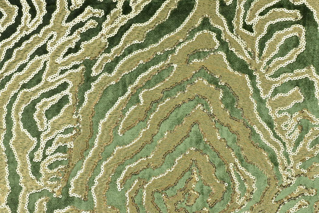 Heavy Weight Luxury Green Gold Sequin Embroidered Zebra Cut Velvet Upholstery Fabric|Designer Abstract Striped Fabric for Sofa and Chair
