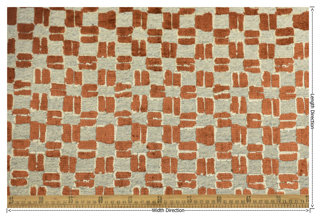 Heavy Weight Wool Blend Geometric Block Pattern Cut Velvet Upholstery Fabric|Rust Brown Beige Grey Fabric|Textured Modern Sofa Chair Fabric