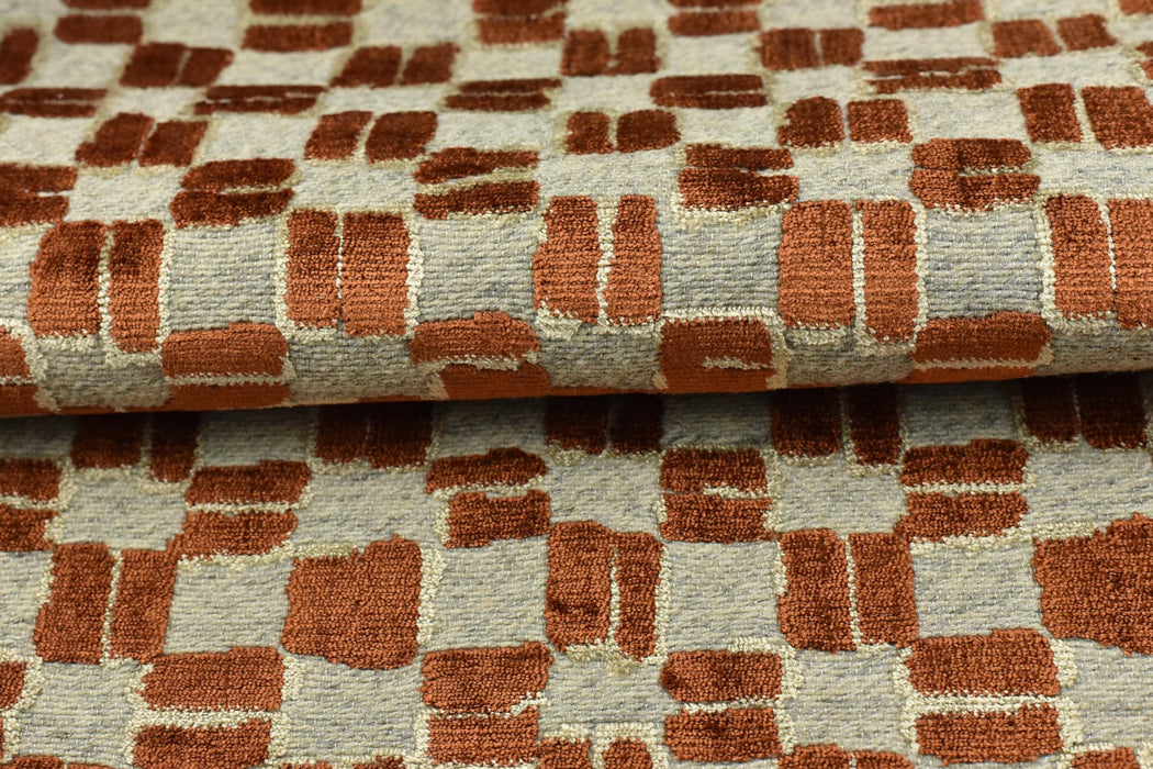 Heavy Weight Wool Blend Geometric Block Pattern Cut Velvet Upholstery Fabric|Rust Brown Beige Grey Fabric|Textured Modern Sofa Chair Fabric