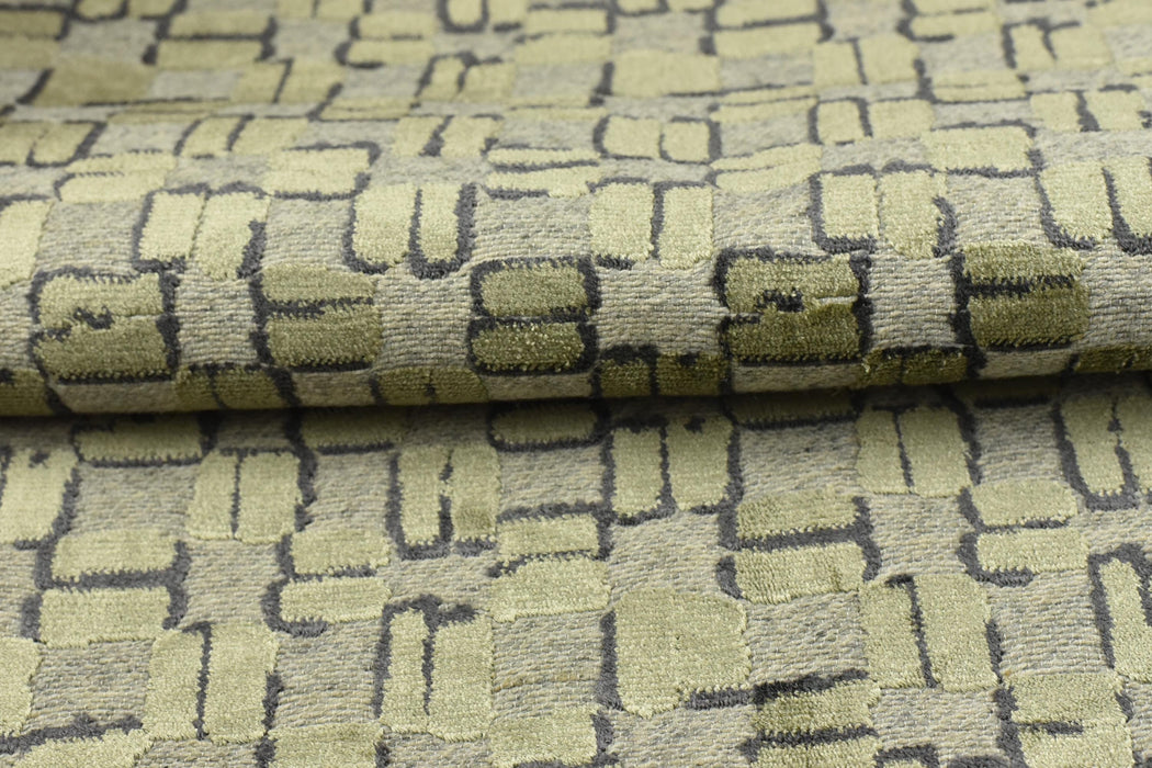 Heavy Weight Wool Blend Geometric Block Pattern Cut Velvet Upholstery Fabric|Light Green Beige Grey Fabric|Textured Modern Sofa Chair Fabric