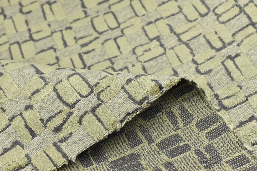 Heavy Weight Wool Blend Geometric Block Pattern Cut Velvet Upholstery Fabric|Light Green Beige Grey Fabric|Textured Modern Sofa Chair Fabric