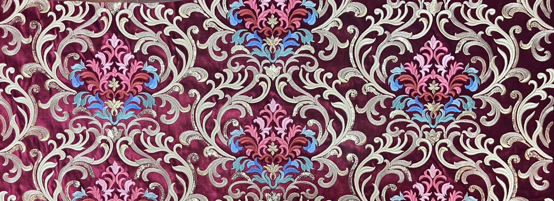 Heavy Weight Red Green Gold Damask Floral Embroidered Cut Velvet Upholstery Fabric For Chair|Luxury Colorful Flower Fabric with Sequins