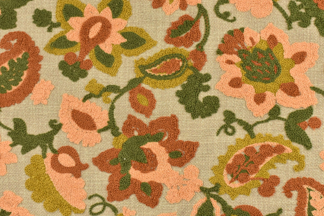Heavy Weight Linen Blend Rust Green Gold Embroidered Floral Paisley Fabric Upholstery Fabric|Boho Vintage Fabric for Sofa Chair and Cushion