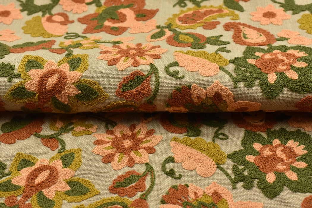 Heavy Weight Linen Blend Rust Green Gold Embroidered Floral Paisley Fabric Upholstery Fabric|Boho Vintage Fabric for Sofa Chair and Cushion