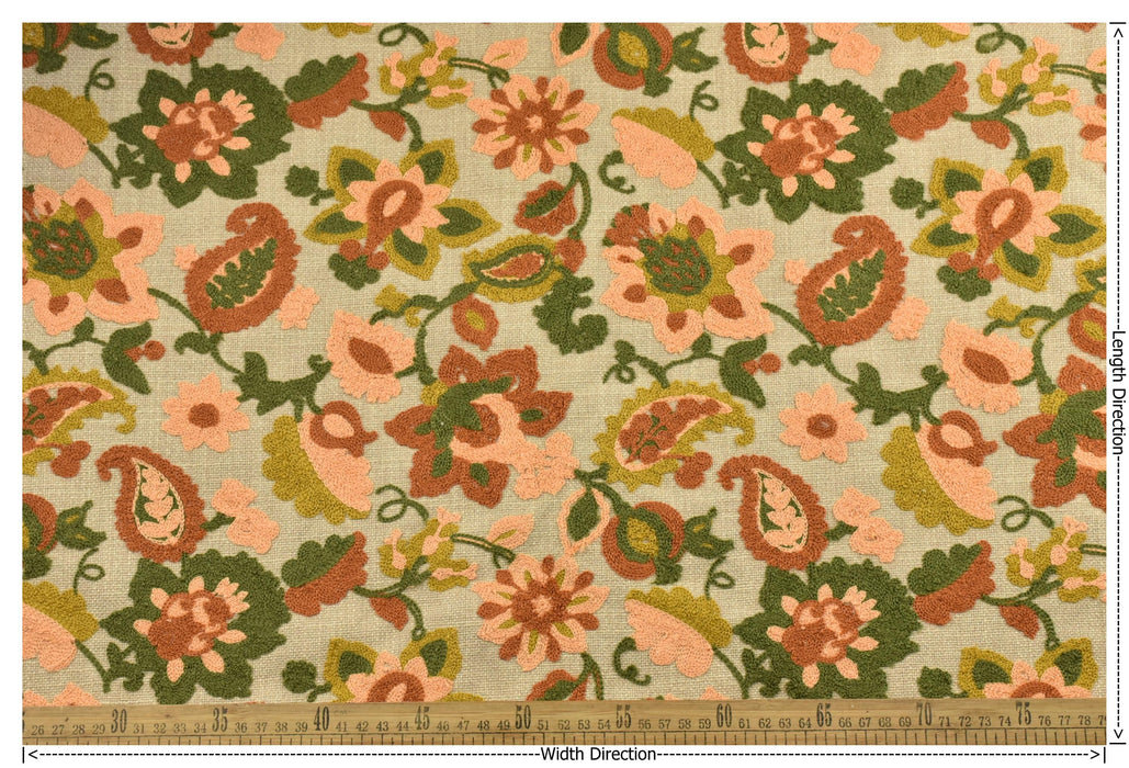 Heavy Weight Linen Blend Rust Green Gold Embroidered Floral Paisley Fabric Upholstery Fabric|Boho Vintage Fabric for Sofa Chair and Cushion