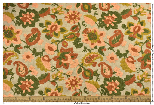 Heavy Weight Linen Blend Rust Green Gold Embroidered Floral Paisley Fabric Upholstery Fabric|Boho Vintage Fabric for Sofa Chair and Cushion