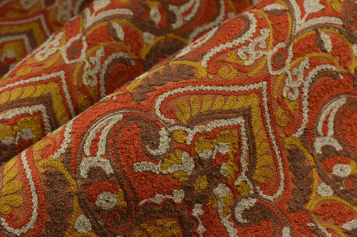 Heavy Weight Linen Blend Rust Brown Gold Embroidered Floral Damask Fabric Upholstery Fabric| Vintage Fabric for Sofa Chair and Cushion