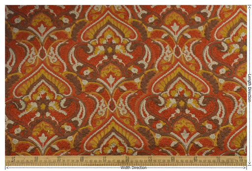 Heavy Weight Linen Blend Rust Brown Gold Embroidered Floral Damask Fabric Upholstery Fabric| Vintage Fabric for Sofa Chair and Cushion