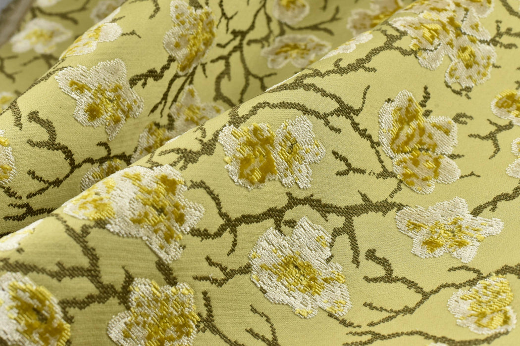 Heavyweight Vintage Chartreuse Gold Floral Cut Velvet Upholstery Fabric For Chair|Luxury Flower Sofa Fabric|French Country Furniture Fabric