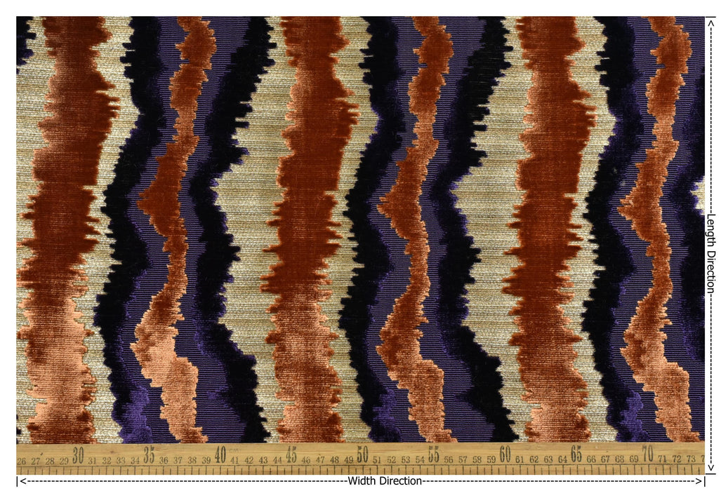 Heavweight Purple Rust Gold Cut Velvet Uphosletry Fabric|Abstract Wavy Stripe Upholstery|Luxury Interior Design Fabric For Chair Sofa Pillow