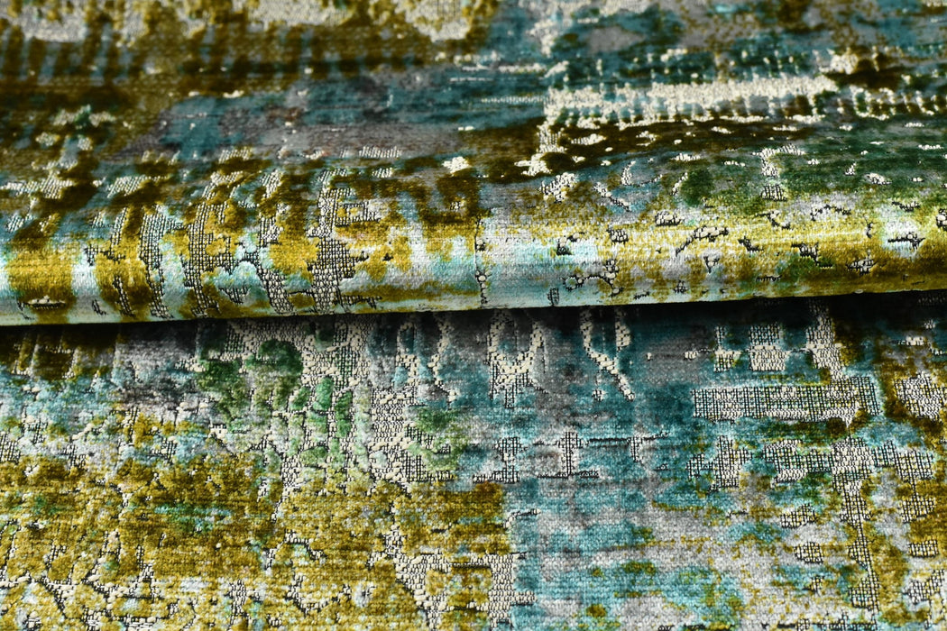 Heavy Weight Abstract Cut Velvet Upholstery Fabric For Chair|Luxury Turquoise Gold Sage Fabric For Cushion|Rustic Furniture Fabric