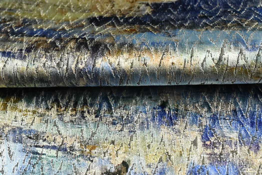 Designer Heavy Weight Abstract Painterly Cut Velvet Upholstery Fabric For Chair|Watercolor Blue Cream Rust Velvet for Sofa Furniture