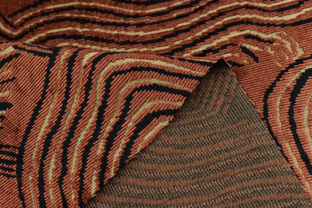 Heavy Weight Brown Rust Abstract Geometric Cut Velvet Upholstery Fabric For Chair|Wavy Contour Pattern|Luxury Designer Fabric for Sofa