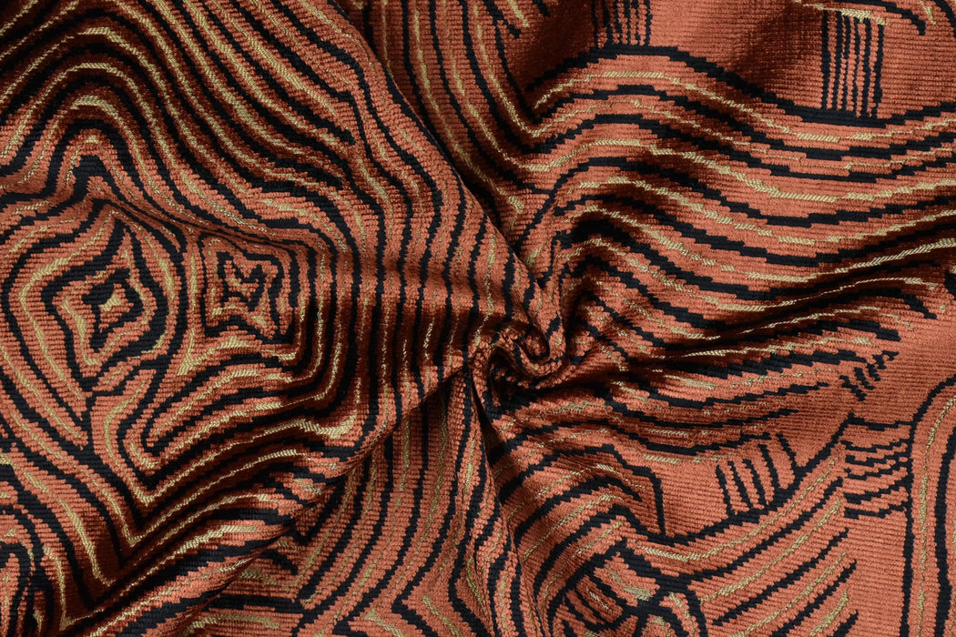 Heavy Weight Brown Rust Abstract Geometric Cut Velvet Upholstery Fabric For Chair|Wavy Contour Pattern|Luxury Designer Fabric for Sofa