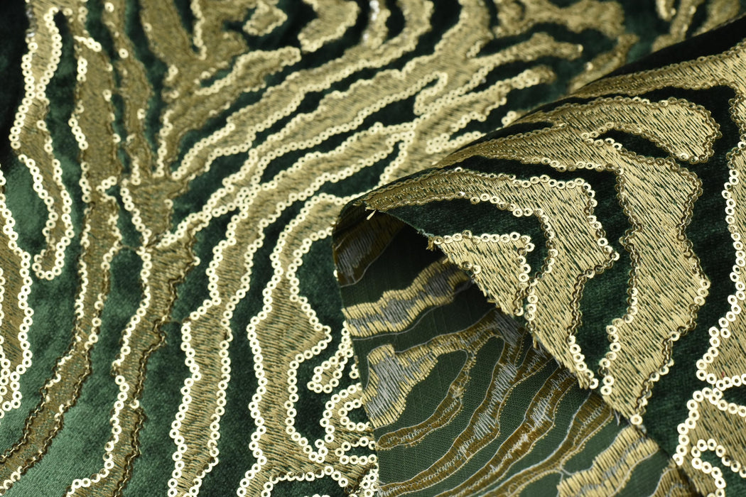 Heavy Weight Luxury Green Gold Sequin Embroidered Zebra Cut Velvet Upholstery Fabric|Designer Abstract Striped Fabric for Sofa and Chair