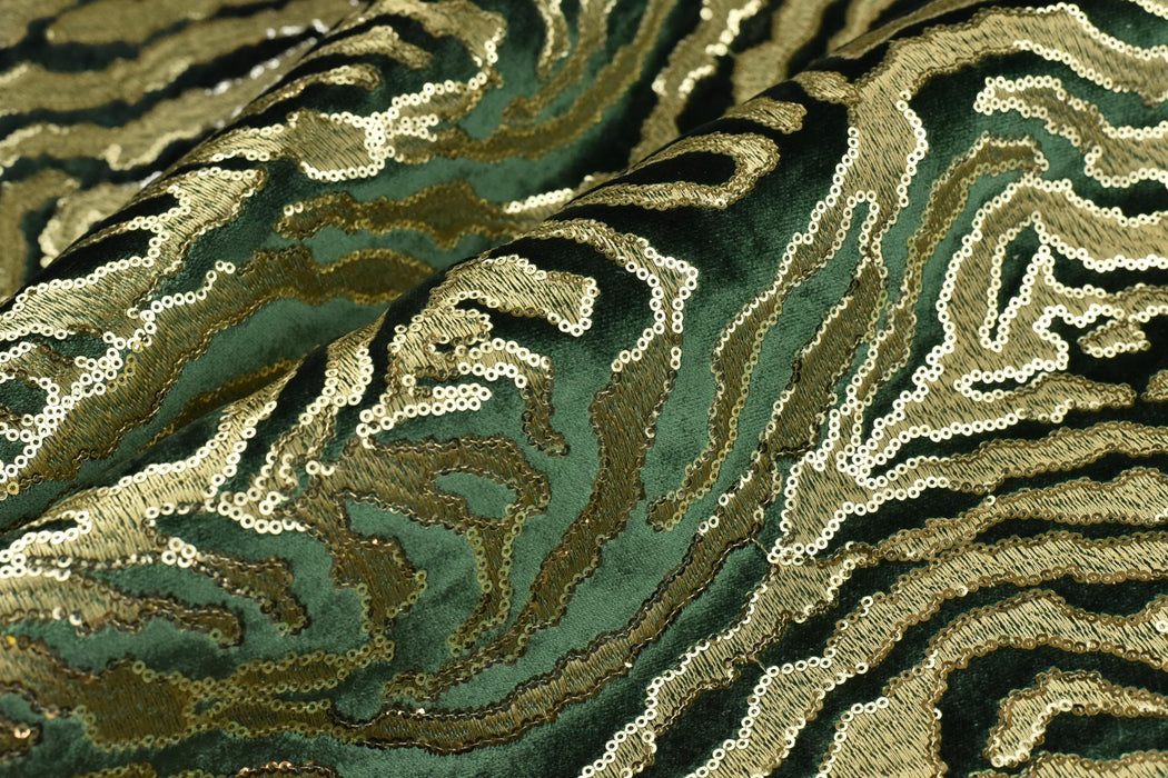 Heavy Weight Luxury Green Gold Sequin Embroidered Zebra Cut Velvet Upholstery Fabric|Designer Abstract Striped Fabric for Sofa and Chair