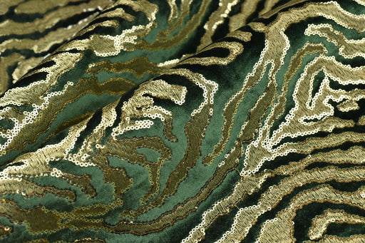 Heavy Weight Luxury Green Gold Sequin Embroidered Zebra Cut Velvet Upholstery Fabric|Designer Abstract Striped Fabric for Sofa and Chair