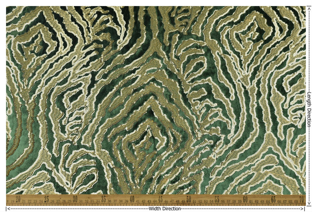 Heavy Weight Luxury Green Gold Sequin Embroidered Zebra Cut Velvet Upholstery Fabric|Designer Abstract Striped Fabric for Sofa and Chair