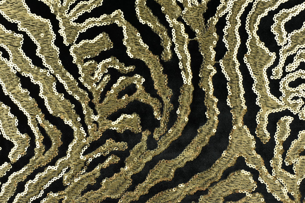 Heavy Weight Luxury Green Gold Sequin Embroidered Zebra Cut Velvet Upholstery Fabric|Designer Abstract Striped Fabric for Sofa and Chair