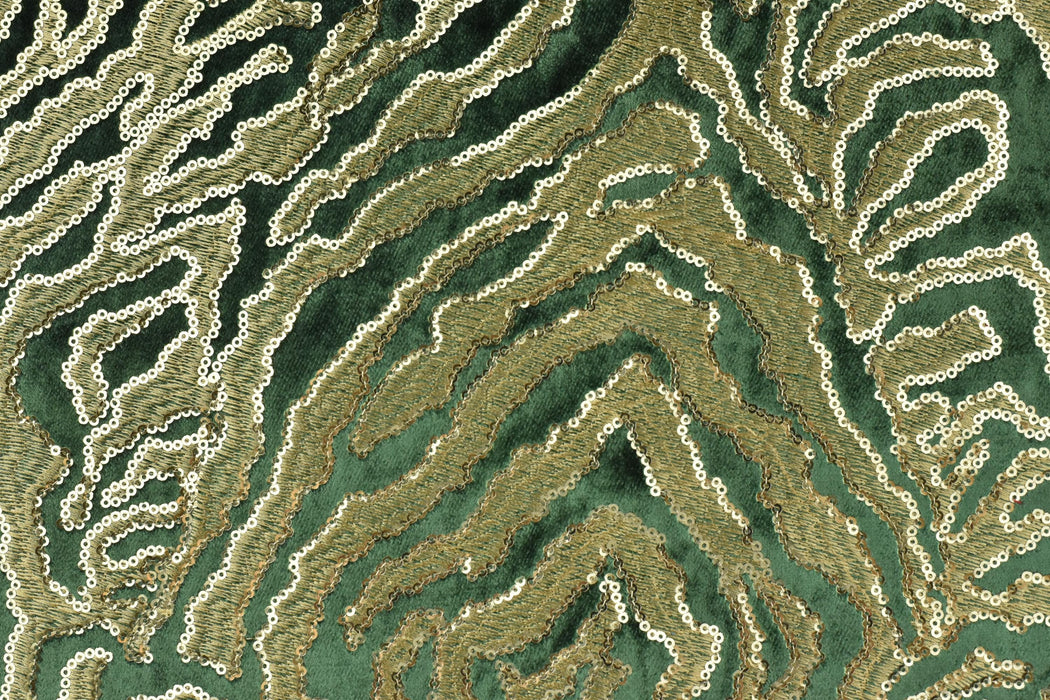 Heavy Weight Luxury Green Gold Sequin Embroidered Zebra Cut Velvet Upholstery Fabric|Designer Abstract Striped Fabric for Sofa and Chair