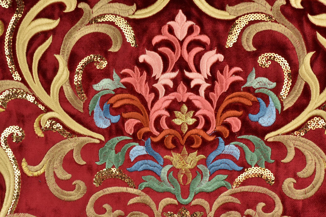Heavy Weight Red Green Gold Damask Floral Embroidered Cut Velvet Upholstery Fabric For Chair|Luxury Colorful Flower Fabric with Sequins