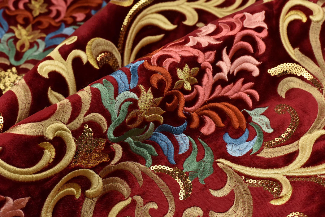 Heavy Weight Red Green Gold Damask Floral Embroidered Cut Velvet Upholstery Fabric For Chair|Luxury Colorful Flower Fabric with Sequins