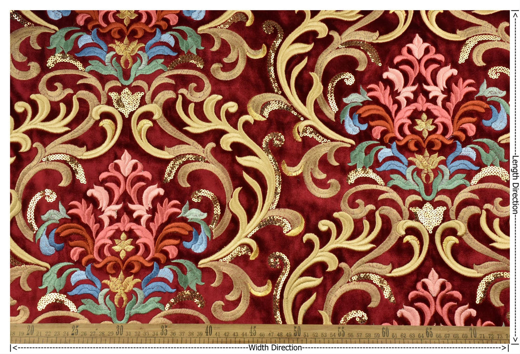 Heavy Weight Red Green Gold Damask Floral Embroidered Cut Velvet Upholstery Fabric For Chair|Luxury Colorful Flower Fabric with Sequins
