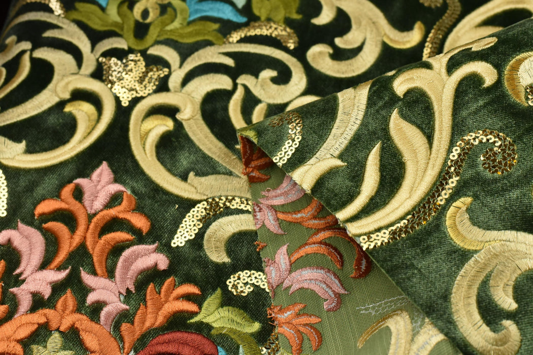 Heavy Weight Green Red Gold Damask Floral Embroidered Cut Velvet Upholstery Fabric For Chair|Luxury Colorful Flower Fabric with Sequins