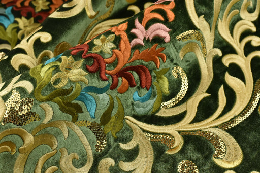 Heavy Weight Green Red Gold Damask Floral Embroidered Cut Velvet Upholstery Fabric For Chair|Luxury Colorful Flower Fabric with Sequins