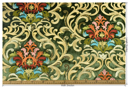 Heavy Weight Green Red Gold Damask Floral Embroidered Cut Velvet Upholstery Fabric For Chair|Luxury Colorful Flower Fabric with Sequins