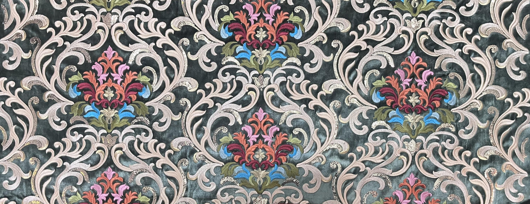 Heavy Weight Green Red Gold Damask Floral Embroidered Cut Velvet Upholstery Fabric For Chair|Luxury Colorful Flower Fabric with Sequins