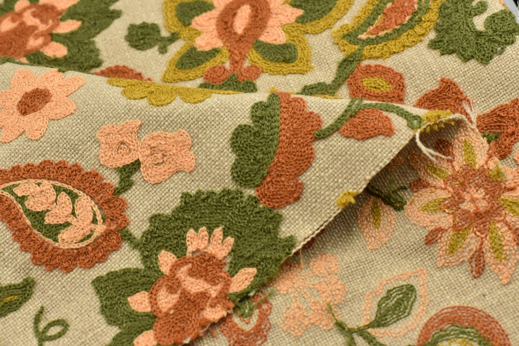Heavy Weight Linen Blend Rust Green Gold Embroidered Floral Paisley Fabric Upholstery Fabric|Boho Vintage Fabric for Sofa Chair and Cushion