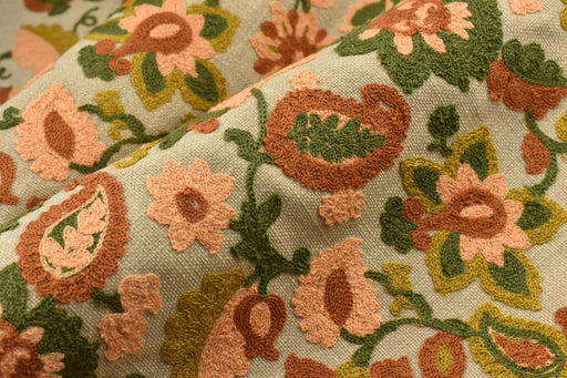Heavy Weight Linen Blend Rust Green Gold Embroidered Floral Paisley Fabric Upholstery Fabric|Boho Vintage Fabric for Sofa Chair and Cushion