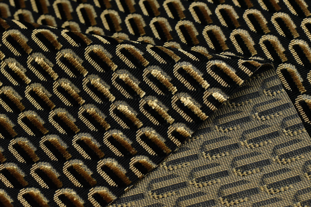 Designer Heavy Weight Black Gold Geometric Cut Velvet Upholstery Fabric For Chair|Viscose Rayon Blend Luxury Furniture Fabric for Sofa