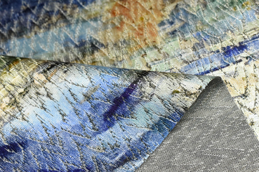 Designer Heavy Weight Abstract Painterly Cut Velvet Upholstery Fabric For Chair|Watercolor Blue Cream Rust Velvet for Sofa Furniture