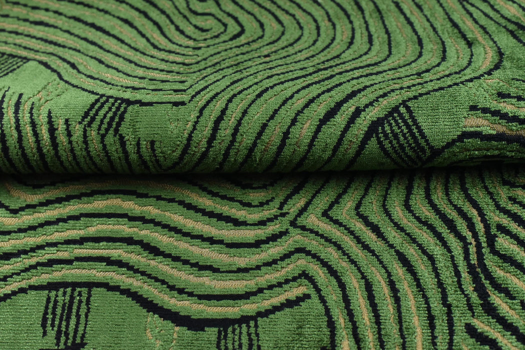 Heavy Weight Emerald Green Abstract Geometric Cut Velvet Upholstery Fabric For Chair|Wavy Contour Pattern|Luxury Designer Fabric for Sofa