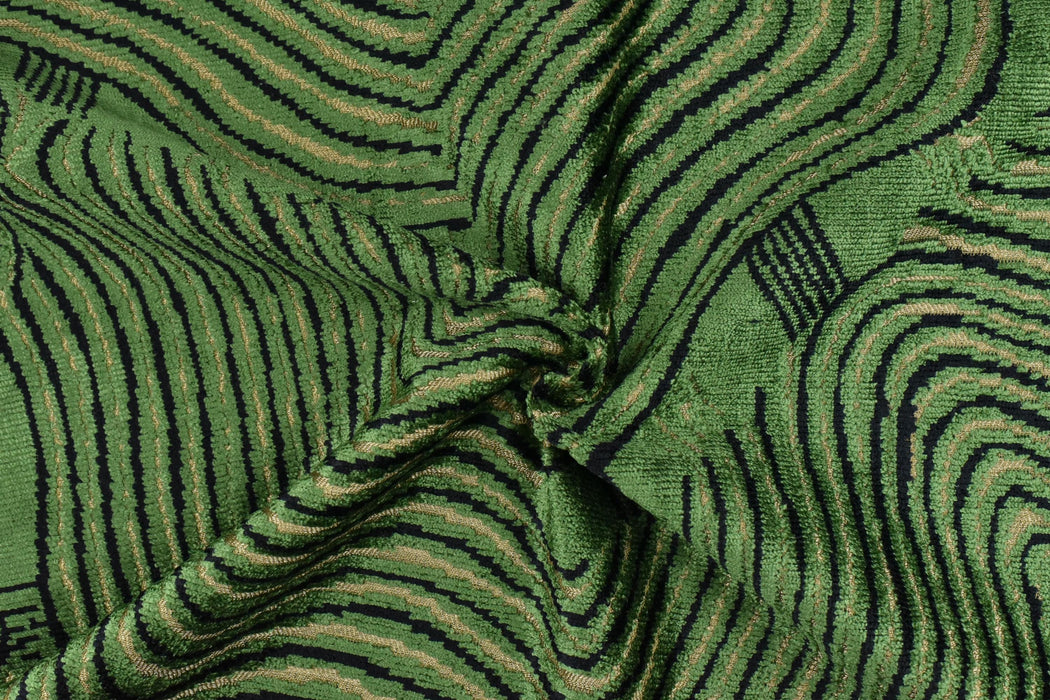 Heavy Weight Emerald Green Abstract Geometric Cut Velvet Upholstery Fabric For Chair|Wavy Contour Pattern|Luxury Designer Fabric for Sofa