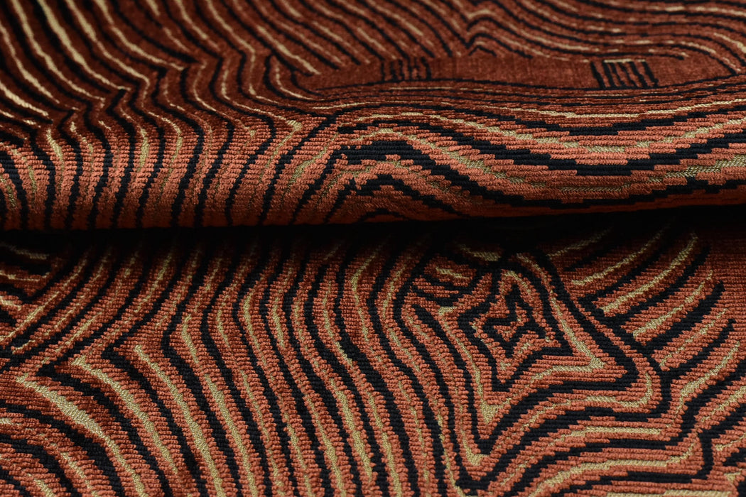 Heavy Weight Brown Rust Abstract Geometric Cut Velvet Upholstery Fabric For Chair|Wavy Contour Pattern|Luxury Designer Fabric for Sofa