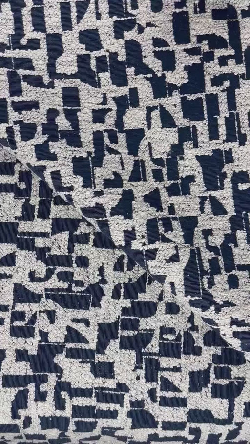 Abstract Geometric Boucle Upholstery Fabric in Navy Blue and Cream|Contemporary Funky Abstract Pattern Home Decor Furniture Upholstery