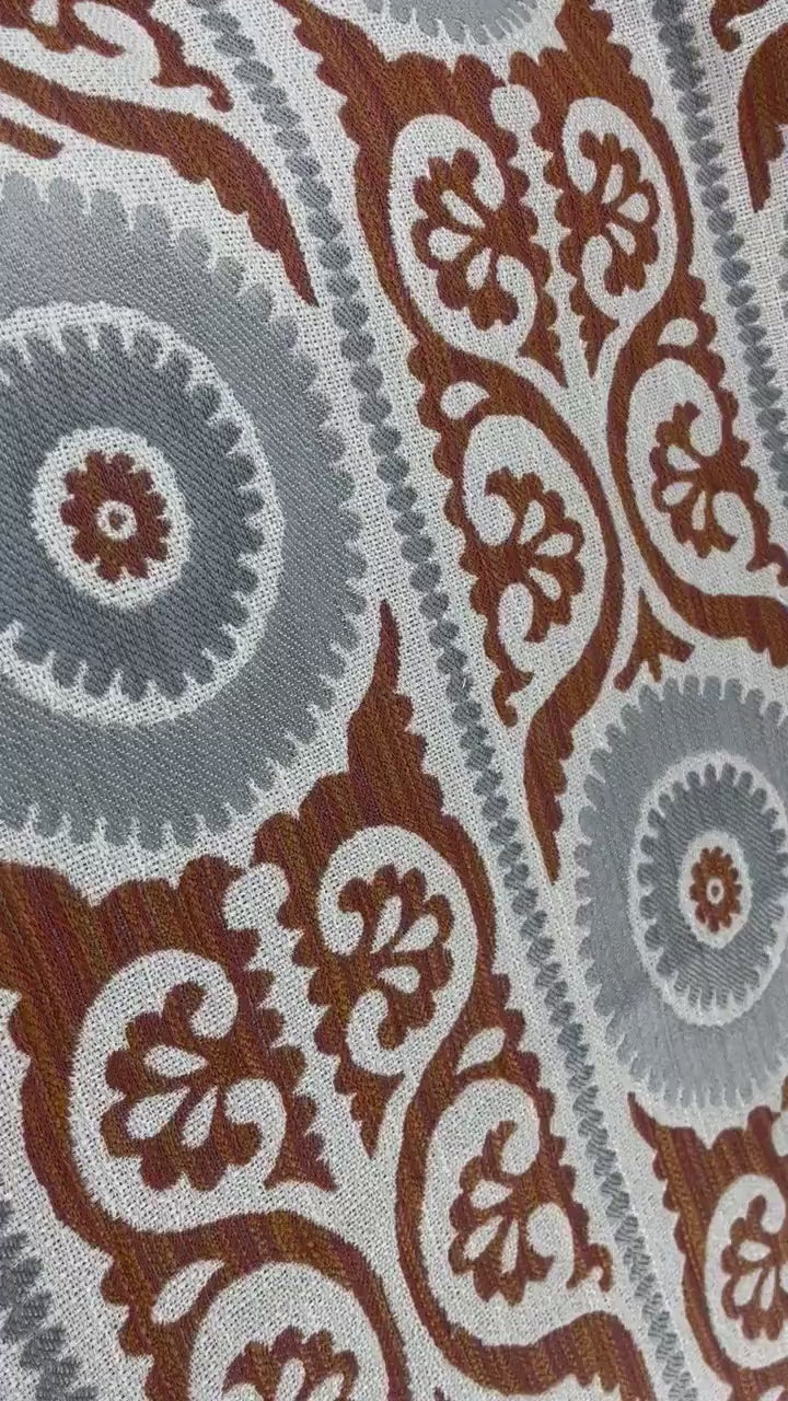 Vintage Exotic Suzani Pattern Geometric Upholstery Fabric in Rust Brown Grey|Tribal Upholstery Fabric For Dining Chair,Sofa, Couch,Pillow