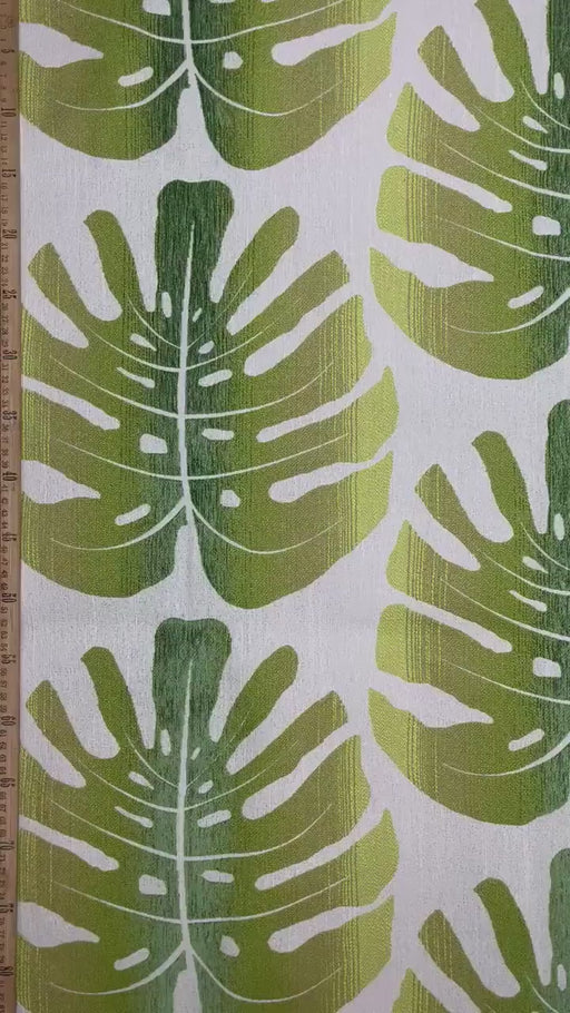 Monstera Leaves Linen Blend Upholstery Fabric|Green Hawaiian Large Scale Tropical Watercolor Botanical Fabric|Burlap Look Boho Fabric