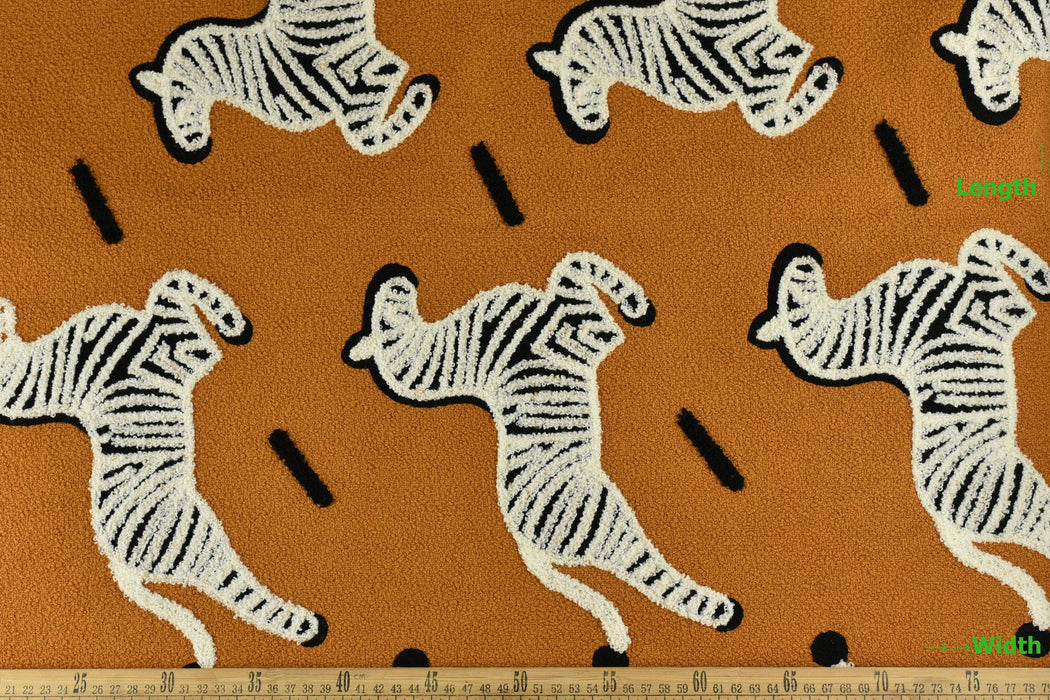 Black And White Playful Zebras Embroidered on Camel Sherpa Upholstery Fabric By The Yard|Exotic Animal Fabric For Pillow,Ottoman,Bench